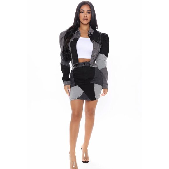 American Bazi Keep You Guessing Black Grey Patchwork High‑Waist Denim Mini Skirt - Picture 5 of 5